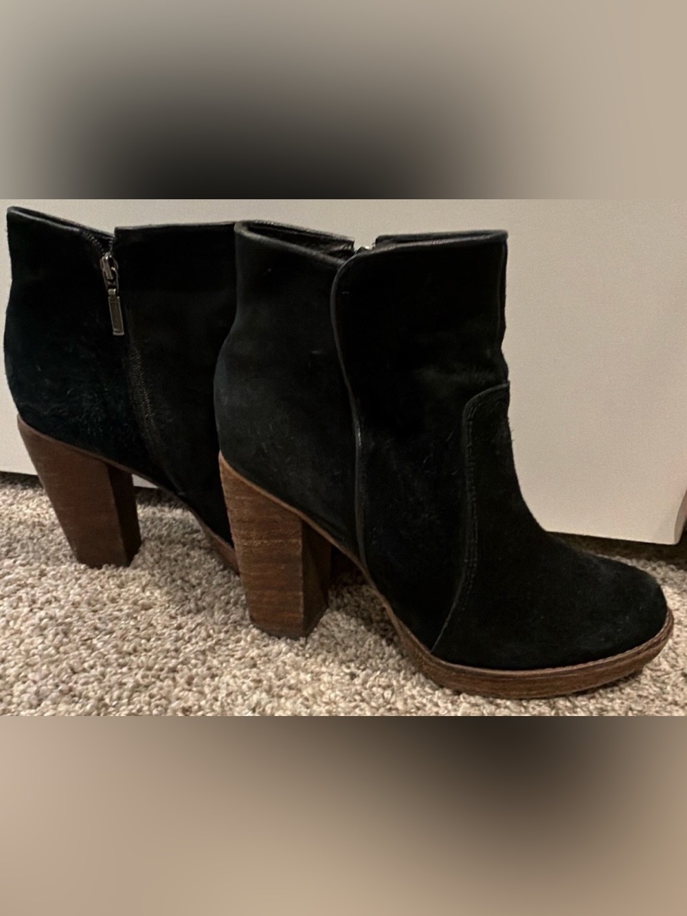 Hush Puppies Black Suede Ankle Booties with Brown Stacked Heel